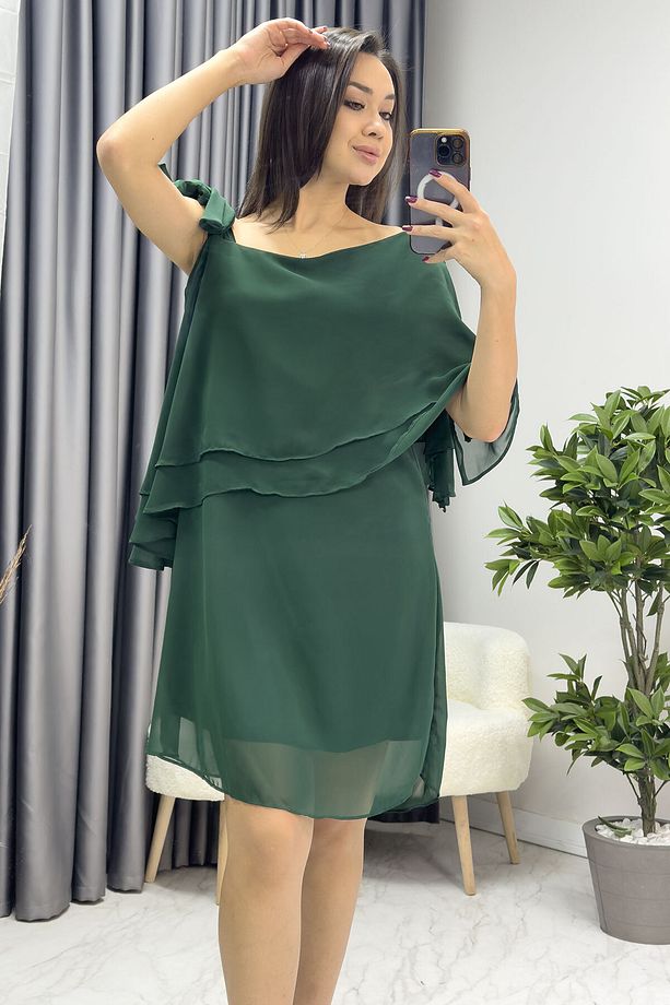 KADIN TEK OMUZ BAĞLAMALI ŞİFON BÜYÜK BEDEN ELBİSE Bordo, Saks, Zümrüt Yeşili, Siyah, Lacivert - 3