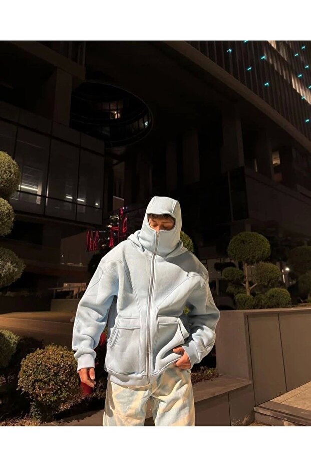 Turquoise Ninja Snow Mask Hooded Oversize Cardigan