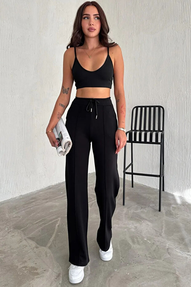 Black Modal Fabric Striped Women's Trousers