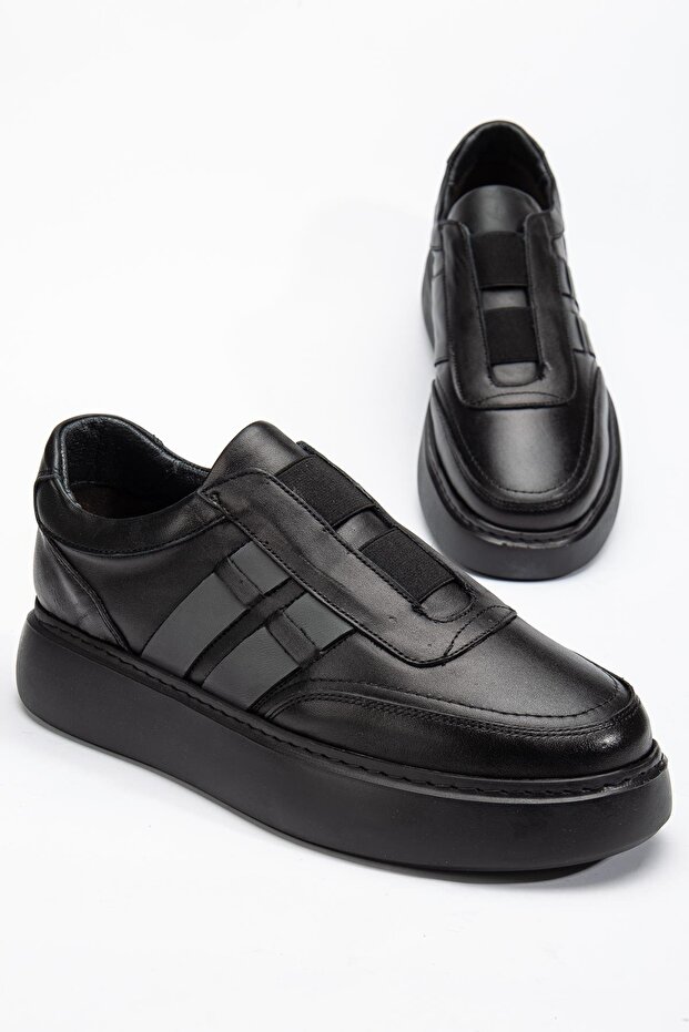 Genuine Leather Men's Casual Shoes Black Laceless Elastic Band Lightweight Thick Sole