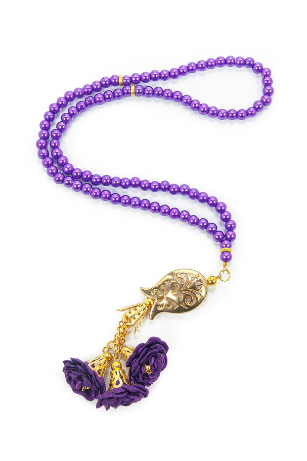 Laleli Rose Tassel Pearl-Looking 99-Piece Hajj Umrah Gift Prayer Beads Purple