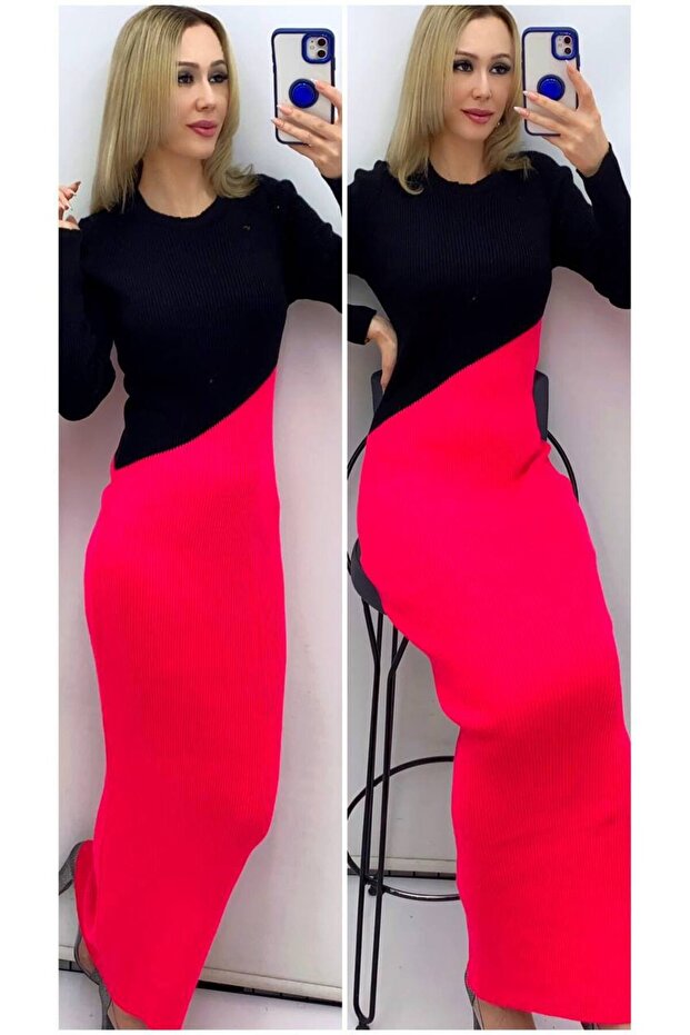 Çift renk triko elbise - 1