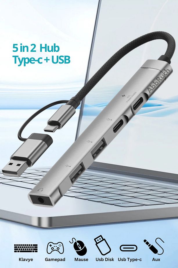 Type-c + Usb Çevirici 5in2 Hub 5 Port PD Typec/Usb/Aux Çoklayıcı Dönüştürücü - 1