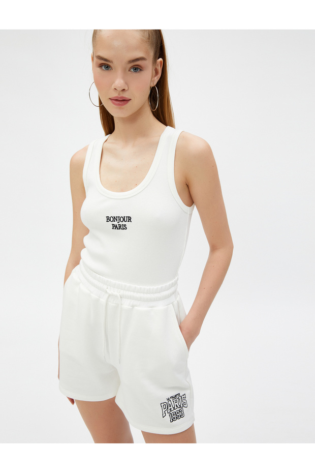 Ribbed Tank Top Slogan Embroidered U-Neck Piping Detail Cotton