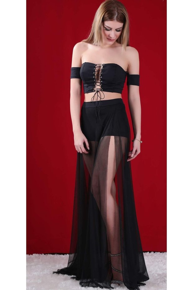 Black Bird Eye with Crop Inside Shorts Long to Heels Tulle Floash Skirt Set