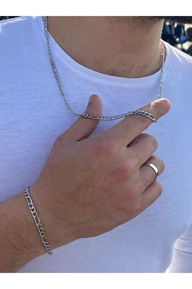 Men's Titanium Flat Stainless Steel Figaro Chain Necklace Bracelet Set