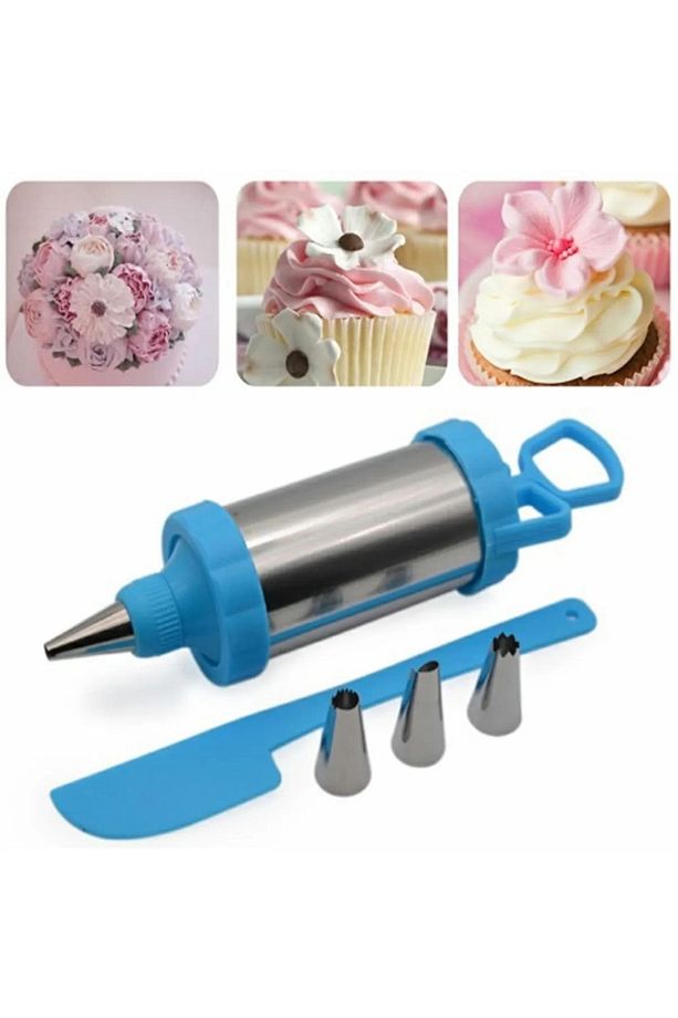 Paslanmaz Çelik Krema Pompası – 4 Uçlu Pasta Kek Süsleme Krema Şekillendirme Spatula Aparatı Seti - 1