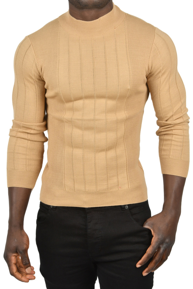 Men's Camel Half Turtleneck Striped Non-Pilling Slim Fit Knitwear Sweater 2505491