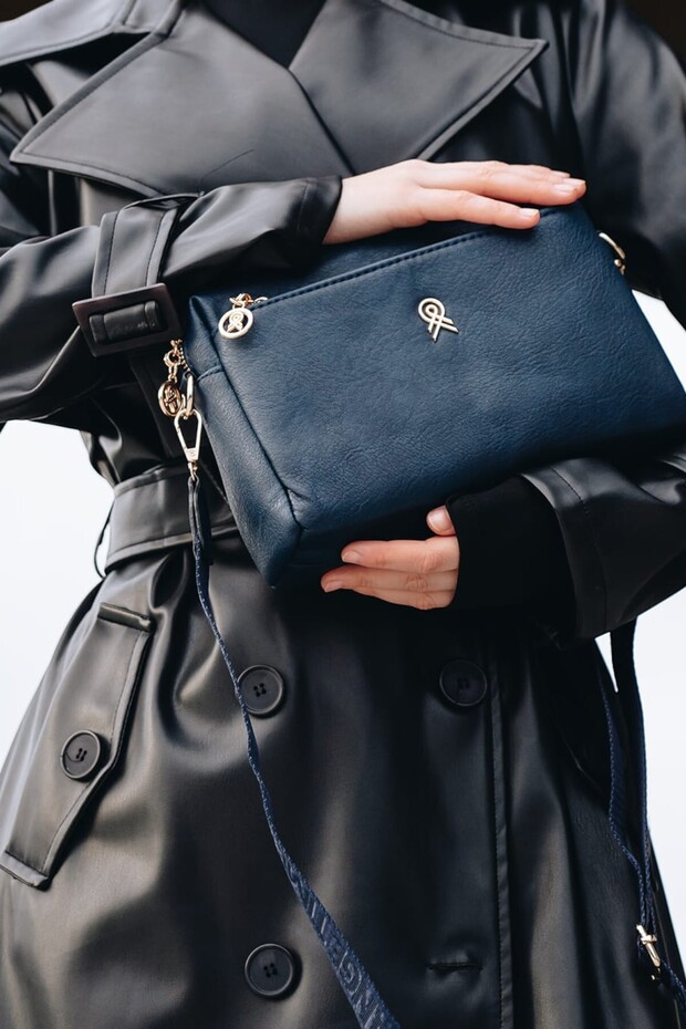 Women's Navy Blue 3-Compartment Lined Crossbody Shoulder Bag with Adjustable Column Strap