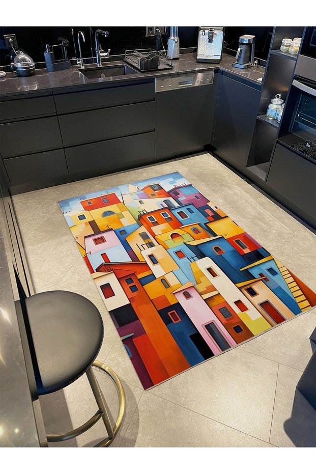 Kemal Collection Multicolored Mixed Houses Patterned Woven Base Modern Decorative Carpet 19