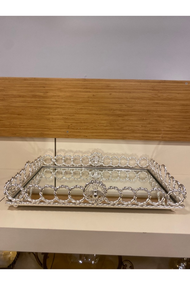 مستطيلة من النحاس المصبوب باللون الفضي مقاس 44 × 33 سم - صينية مزخرفة - 3