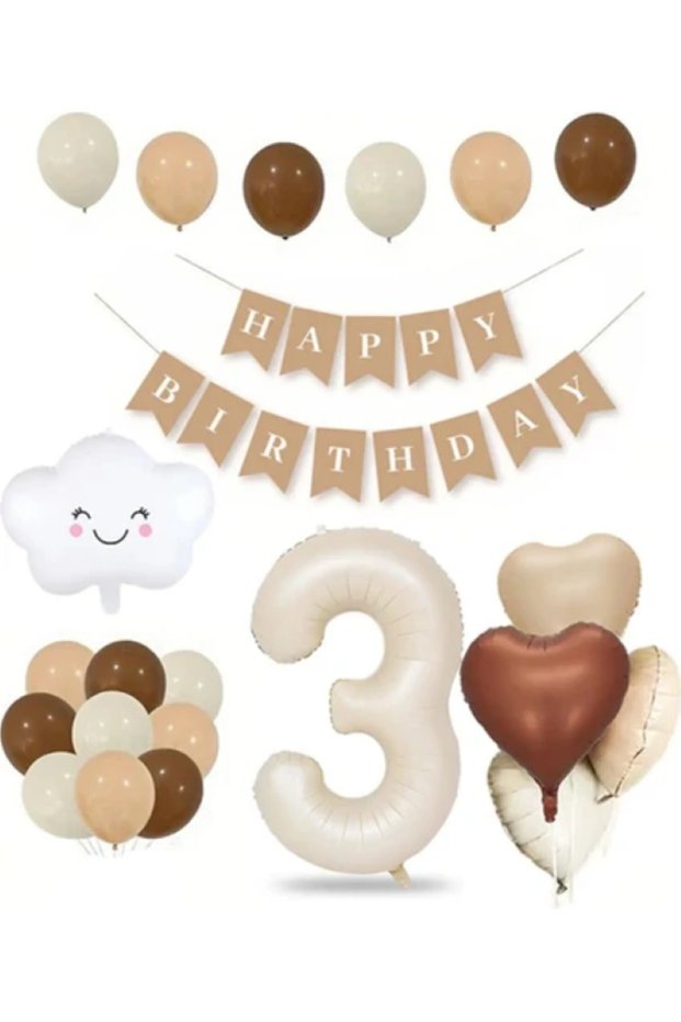 Retro Birthday Set for 3 Years Old Cream Number Foil Banner Cloud Foil Balloon Balloon Band Gift