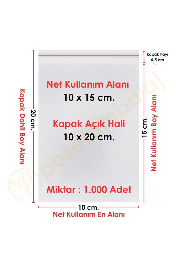 10x15 5 Cm. (10*20) 1.000 Adet - Şeffaf Bantlı Yapışkanlı Jelatin Poşet - 1