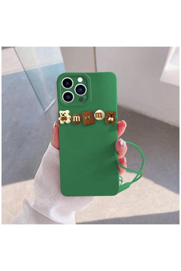 Apple iPhone 14 Pro Max Compatible Case 3D Teddy Bear Soft Silicone Case Brown - Green