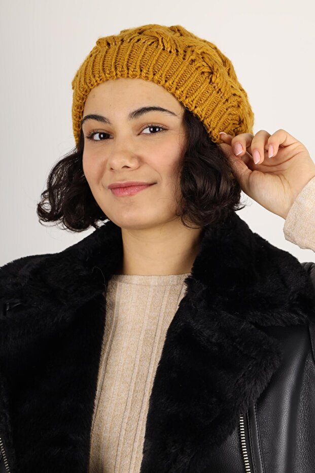 Kadın Kışlık Çift Kat Örme Hardal Bere - 3