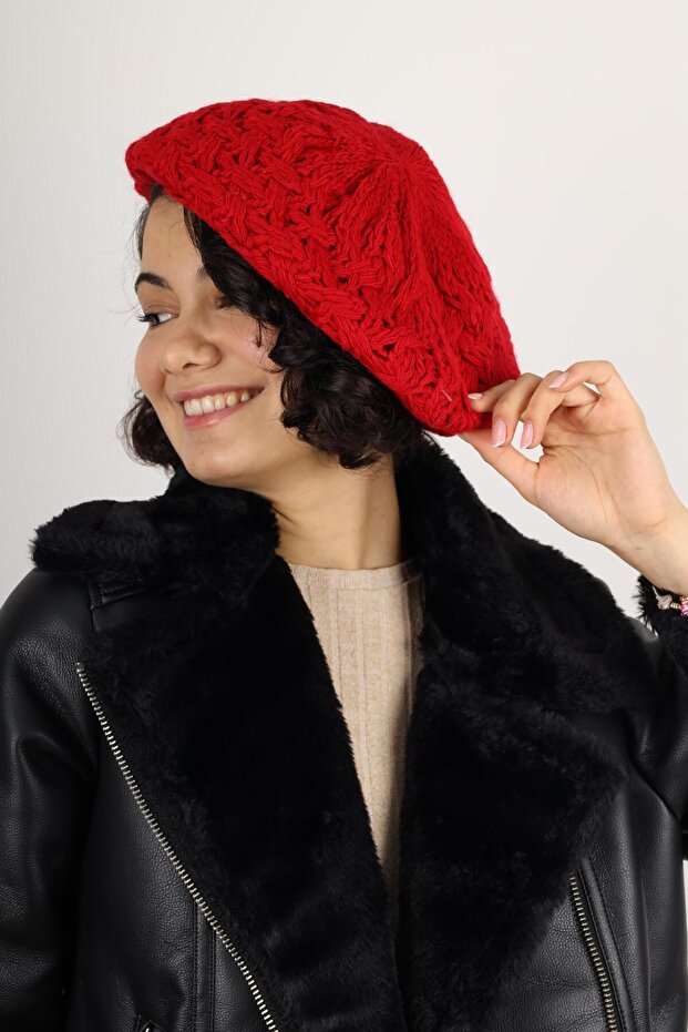 Double Layer Winter Painter Beret Red Knitted Wool - 1