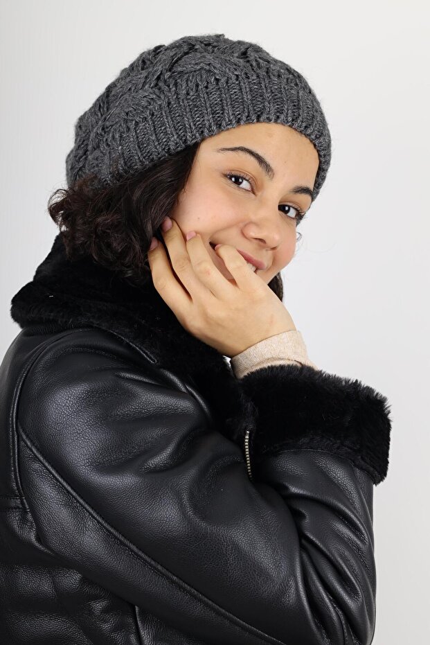 Kadın Kışlık Çift Kat Örme Antrasit Bere - 4