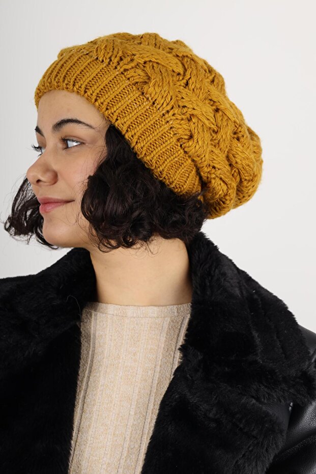 Kadın Kışlık Çift Kat Örme Hardal Bere - 6