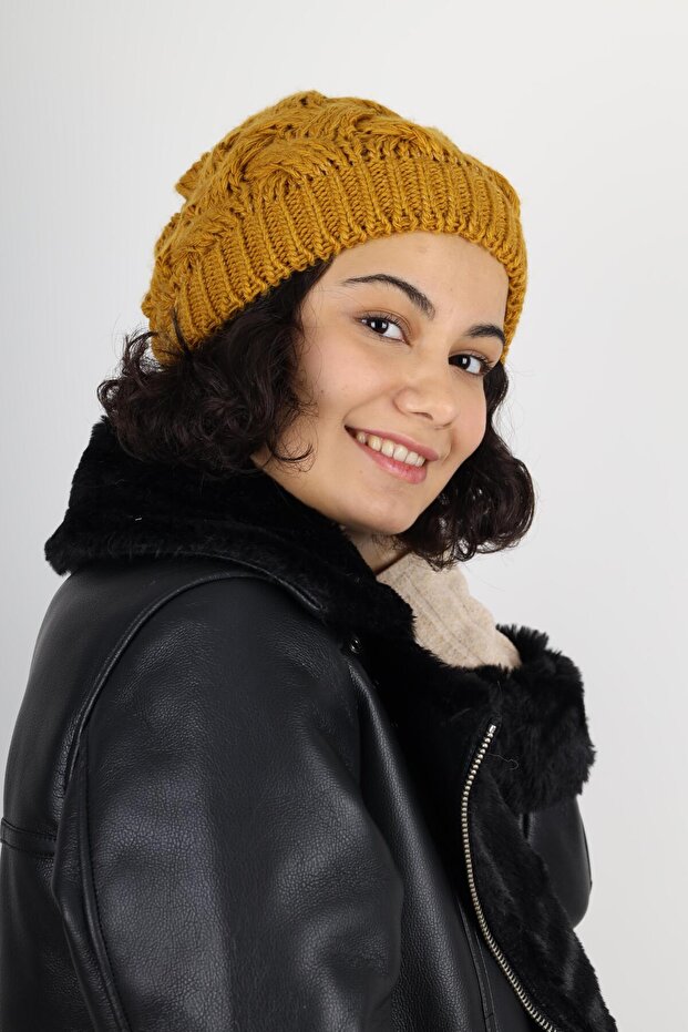 Kadın Kışlık Çift Kat Örme Hardal Bere - 5