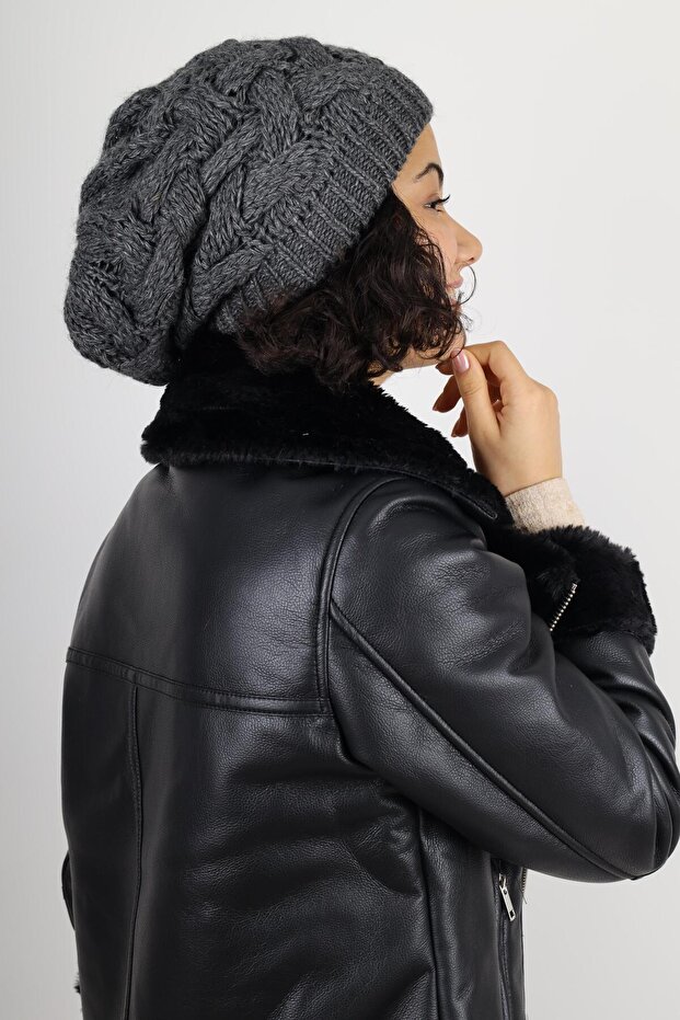 Kadın Kışlık Çift Kat Örme Antrasit Bere - 5