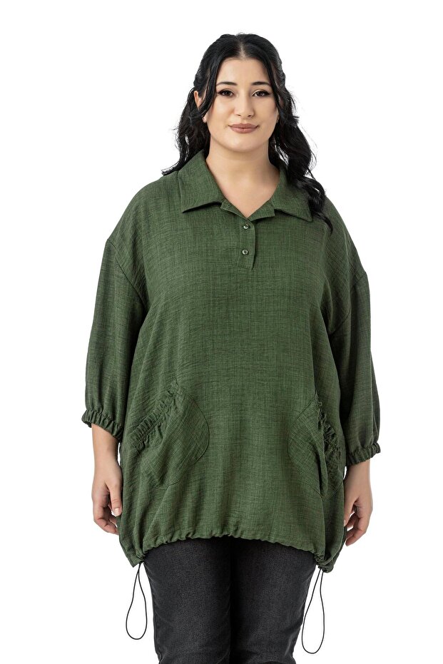 Plus Size Three Quarter Sleeve Pocket Detail Skirt Stopper Gathered Khaki Blouse