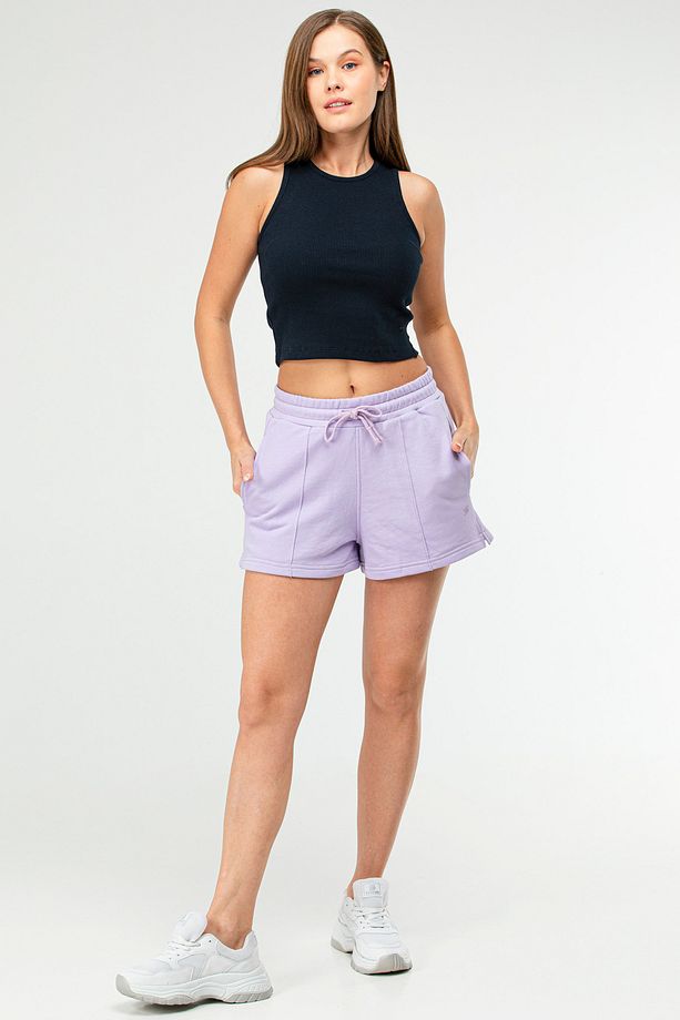 Lila Oversize Basic Pamuklu Yandan Cep Yüksek Bel Kadın Şort SE0152 - 7