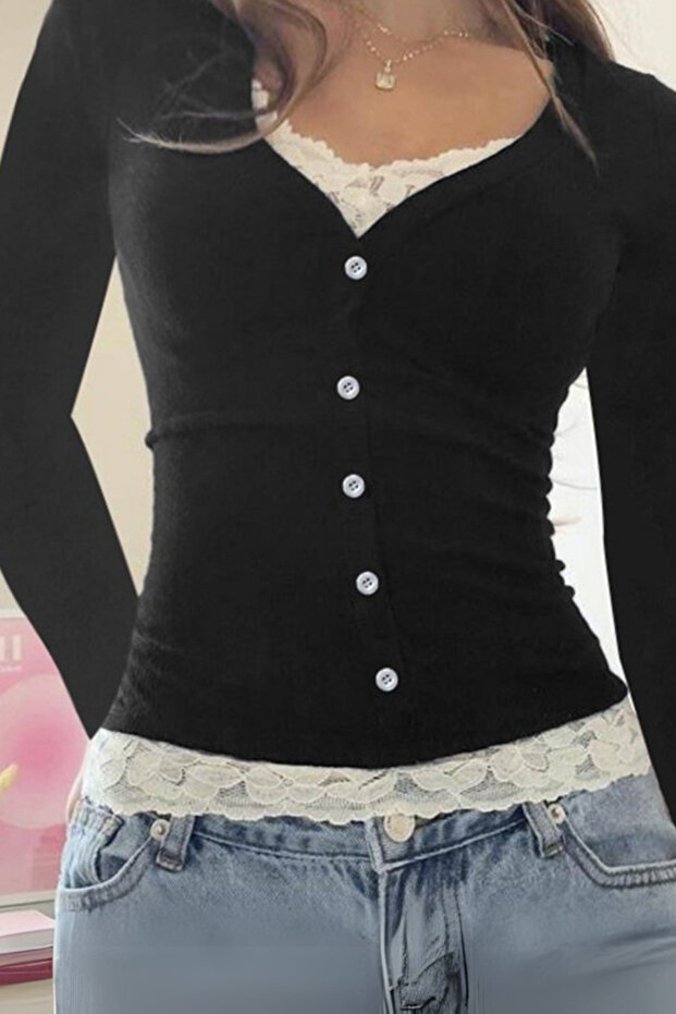 Black Buttoned Lace Neck and Waist-Detail Y2K Long Sleeve Cropped