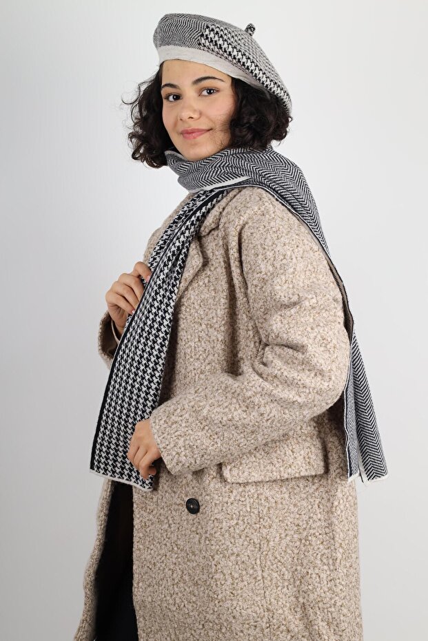 Women's Houndstooth French Felt Painter Beret and Double Sided Scarf Combo