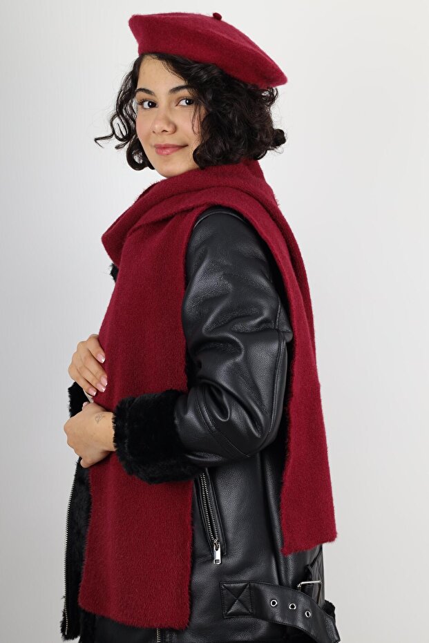 Women's Burgundy French Felt Painter Beret and Double Sided Scarf Combo