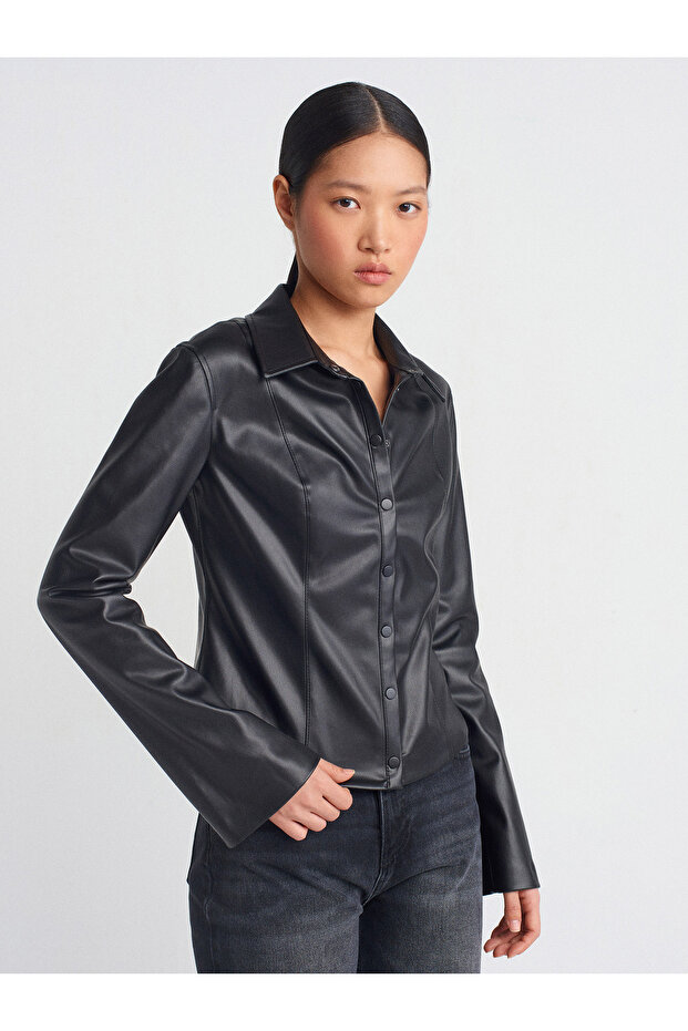 50492 Faux Leather Shirt-Black