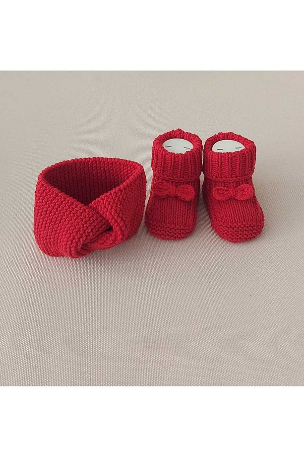 Kırmızı Yenidogan Hediyelik Bebek El Örgü Akrilik Yün Panduf Patik ve Bandana Takım 0-12 Ay - 3