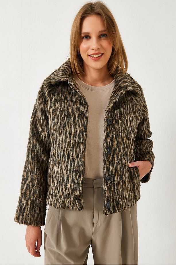Kadın Leopar Desenli Reglan Kollu Şardonlu Ceket 60261251 - 1