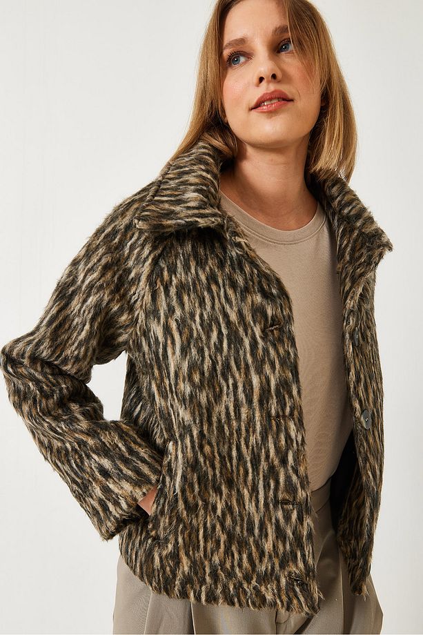 Kadın Leopar Desenli Reglan Kollu Şardonlu Ceket 60261251 - 5