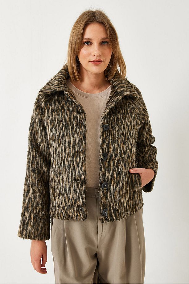 Kadın Leopar Desenli Reglan Kollu Şardonlu Ceket 60261251 - 2