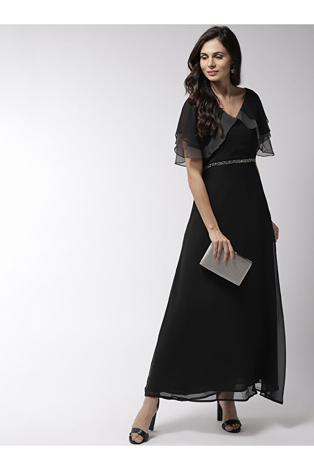 Embellished Waistband Maxi Dress with Ruffled Sleeve