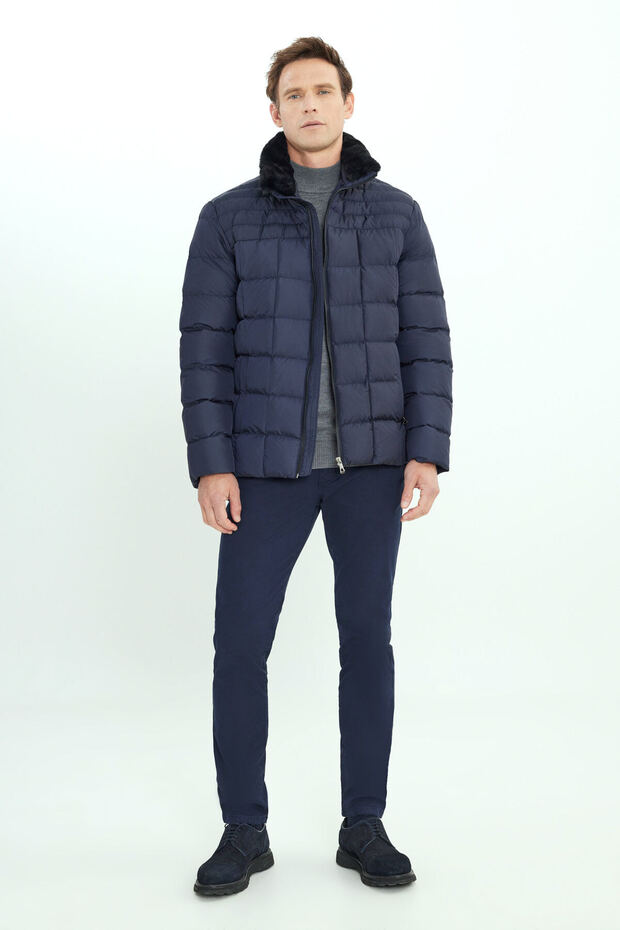 Erkek Lacivert Sıcak Tutan Elyaf Dolgulu Standart Fit Normal Kesim Dik Yaka Yan Cepli Şişme Mont - 2