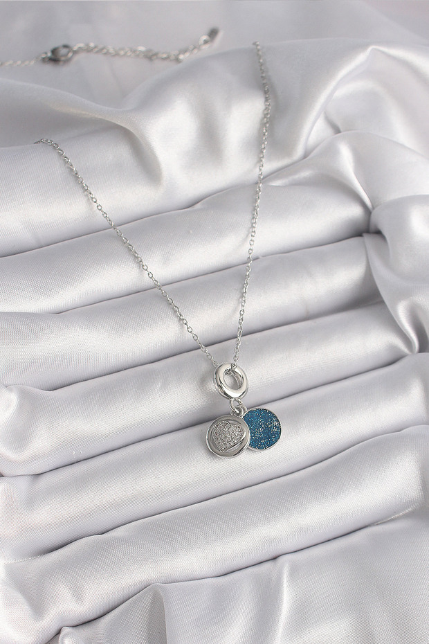Silver Color Chain Processing Blue Glitter Women's Necklace (316L Steel)