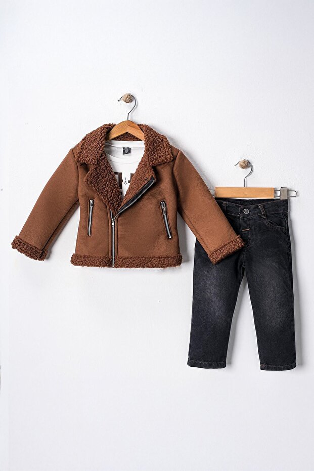 Miniğimin Cicileri Suede Fur Boys' 3-Piece Set - Brown