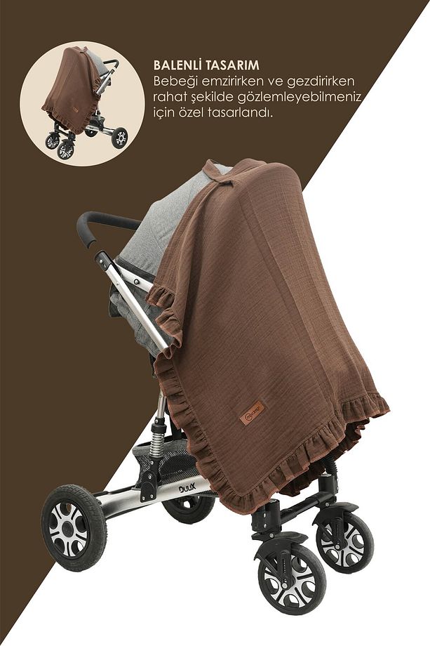 Müslin Bebek Emzirme Örtüsü/Önlüğü; Puset, Bebek arabası örtüsü, Extra Büyük, Ruffle Seri, Kahve - 3