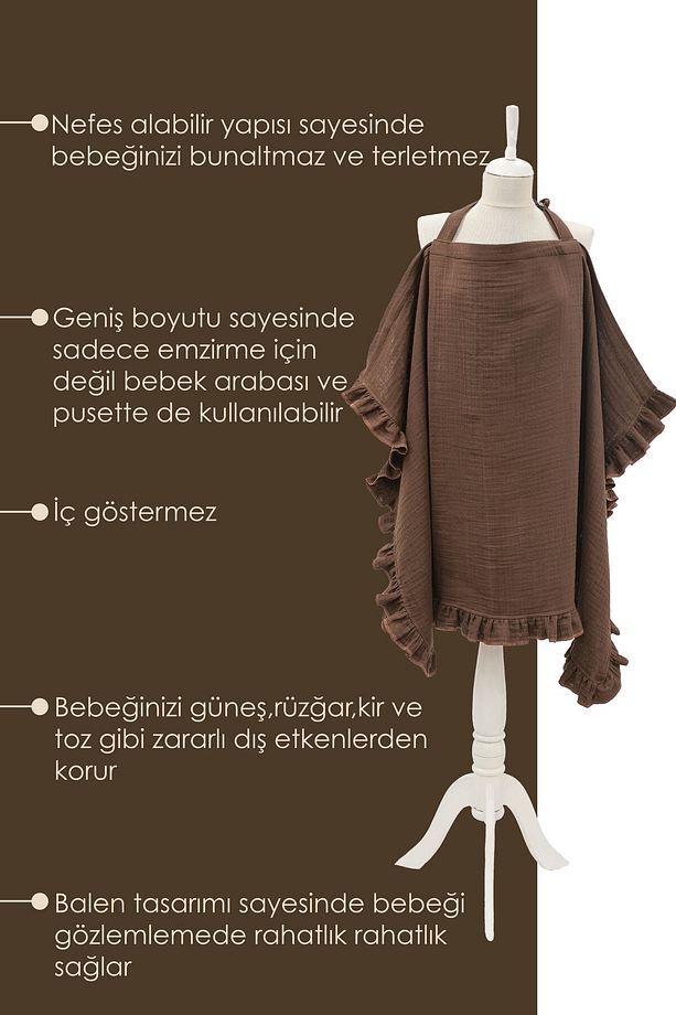 Müslin Bebek Emzirme Örtüsü/Önlüğü; Puset, Bebek arabası örtüsü, Extra Büyük, Ruffle Seri, Kahve - 5