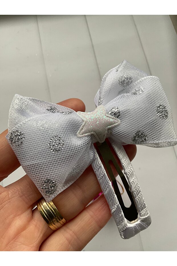 Buckle. White, Polka Dot, Shiny Glitter Tulle Ribbon, Snap Fastener, Bow Buckle. (Two Pieces)