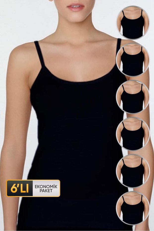 Women's elastane string strap black tank top 746 6-piece economic package