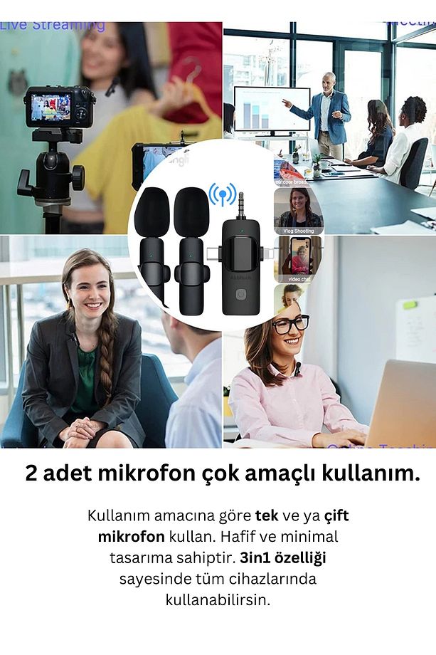 By Sabron 2 Adet Kablosuz Yaka Mikrofonu 3in1 Type-c, Lightning, 3.5mm Aux 2'li Mikrofon Youtube - 3