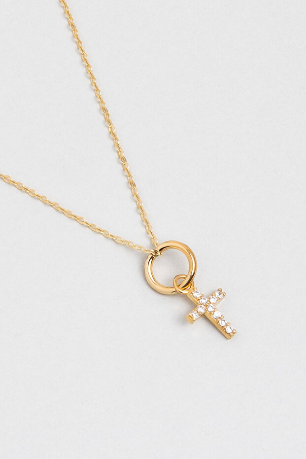 Minimal 18 Ayar Sarı Altın Kaplama 43 Cm Gümüş Cross Kolye - 2