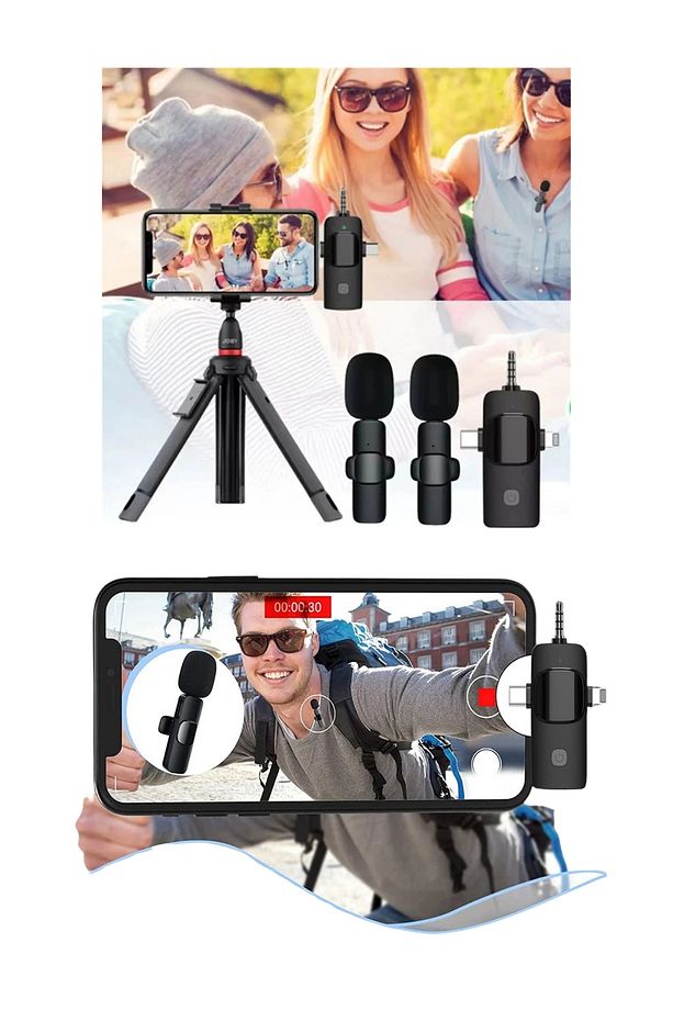By Sabron 2 Adet Kablosuz Yaka Mikrofonu 3in1 Type-c, Lightning, 3.5mm Aux 2'li Mikrofon Youtube - 4