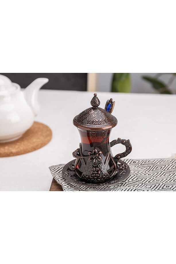 Çay Seti Bardağı Osmanlı Motifli Kaşıklı Çay Sunum Seti Türk Çay Bardak Seti 6 Lı Bakır - 3