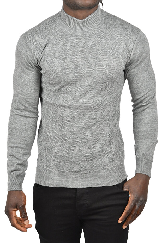 Men's Gray Slim Fit Half Turtleneck Patterned Knitwear Half Throat Sweater 2505505