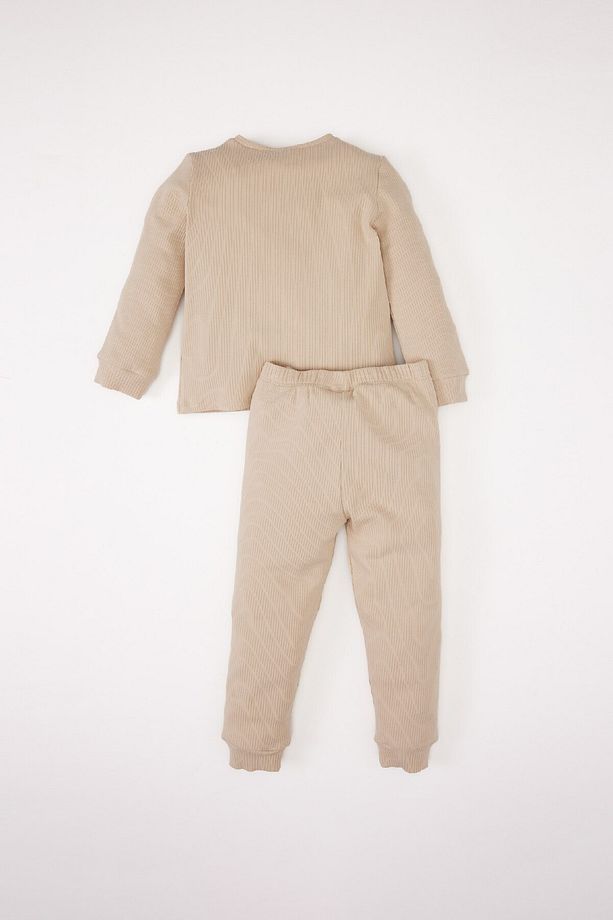 Erkek Bebek Pijama Takımı Fitilli Kaşkorse Basic Düz Bisiklet Yaka Uzun Kollu Üst Beli Lastikli Uzun - 5