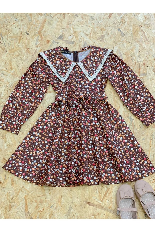 Long Sleeve Vintage Big Collar Brown Floral Flared Girl's Dress