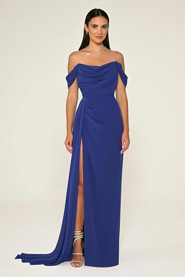 Off Shoulder Side Slit Chiffon Long Evening Dress